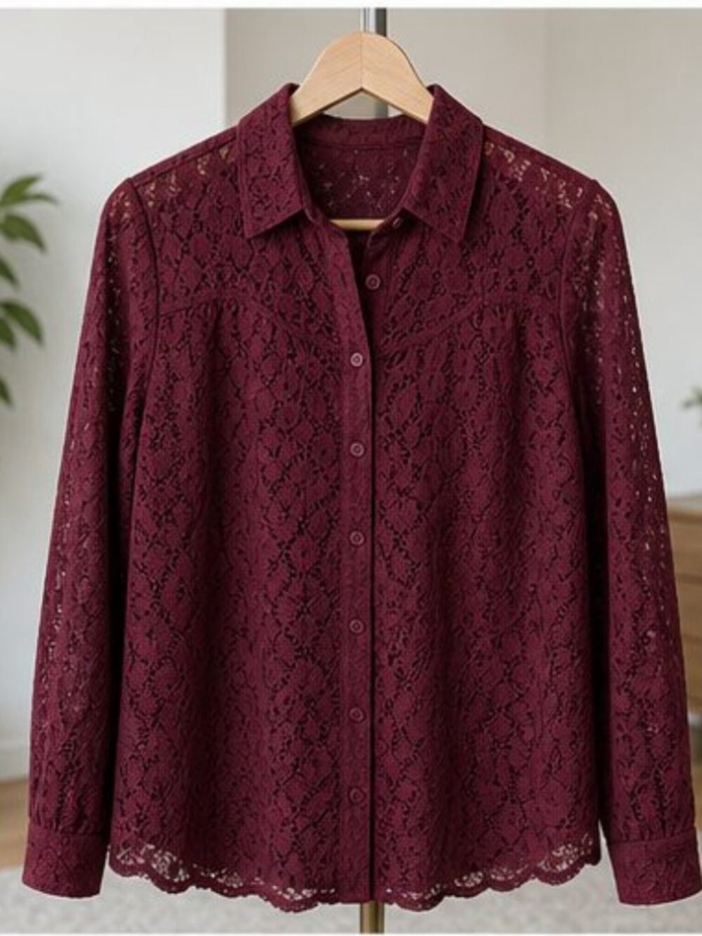 Women's Lace Button-Front Shirt - Burgundy